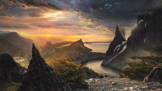 Sunset mountain lake clouds fantasy - free mountains wallpaper