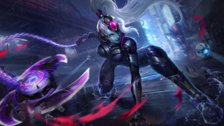 Futuristic suit woman sword demon - her hand and a demon in the background free wallpaper