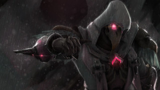 Hooded man knife red eyes - suit holding free wallpaper