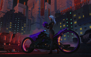 Woman motorcycle neon city night 2 - cyberpunk style free wallpaper for desktop