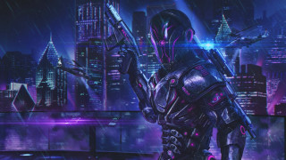 Futuristic suit man sword cityscape - cyberpunk style free wallpaper for desktop