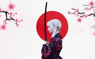 Woman kimono sword cherryblossom redmoon - a red circle free wallpaper