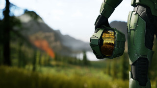 Green robot helmet mountain concept - halo free wallpaper