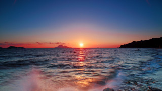 Sunset ocean boat mountain sky - cui bai free wallpaper