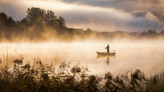Lake fog boat man forest - the boat free wallpaper