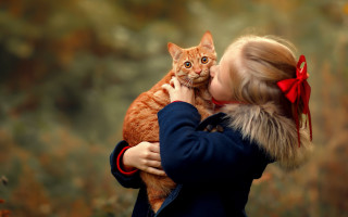Little girl kissing cat bow - a little girl free wallpaper