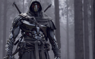Man black armor katana forest - fog and trees free wallpaper