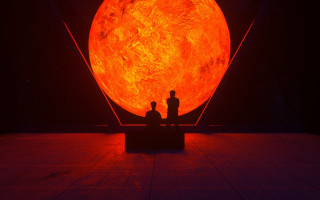 Two people bench orange moonlight - david rudnick free wallpaper