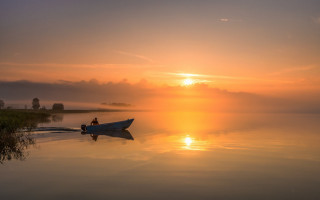 Lake sunset fog boat bernd - fog free wallpaper