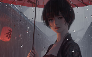 Woman umbrella rain red lantern - atey ghailan free wallpaper
