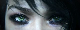 Green eyes closeup black hair - realistic eye free wallpaper