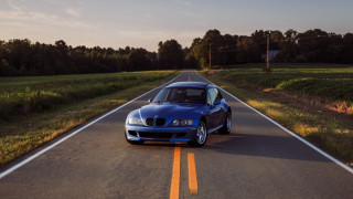 Blue car road field trees 2 - a blue car free wallpaper