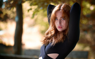 Black bodysuit posing trees blonde - a black bodysuit free wallpaper