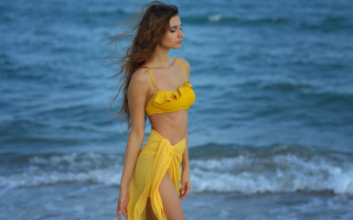 Yellow bikini beach waves portrait - a yellow bikini free wallpaper