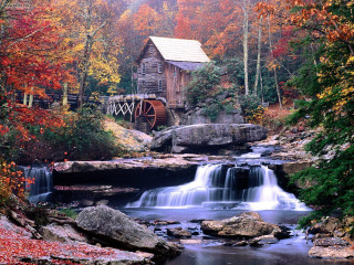 Small waterfall wooden building bridge - front of it free wallpaper