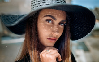 Woman hat jacket ring portrait - her finger free wallpaper