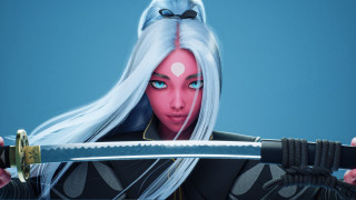 White haired woman sword blue 2 - a white wig free wallpaper