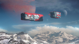 Red objects floating mountains moon - conceptart free wallpaper for desktop