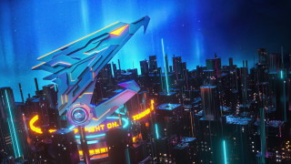 Futuristic city plane night neon - synthwave style free wallpaper