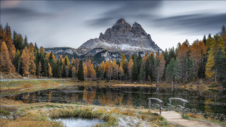 Mountain lake bench trees cloudy - dosso dossi free wallpaper for desktop