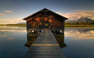 Wooden dock house lake mountains - the water and mountains free wallpaper