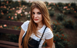 Woman longhair stripedshirt flowers bench - striped free wallpaper for desktop