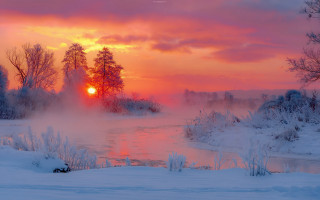 River steam sunset trees snow - tree and snow free wallpaper