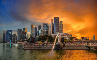City skyline fountain sunset architecture - free sunset wallpaper