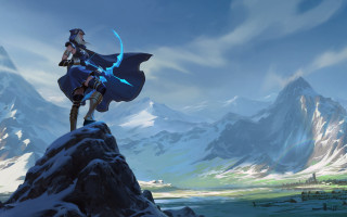Woman blue dress mountain sword - a mountain top free wallpaper