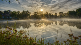 Lake sunset trees clouds forest - impressionism free wallpaper