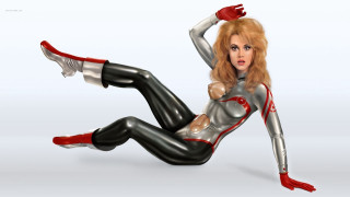 Retro futuristic cybernetic woman suit - her hand behind her head free wallpaper for desktop