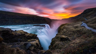 Waterfall sunset river bridge landscape - a bridge in the middle free wallpaper