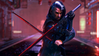 Futuristic cyberpunk man swords red - a futuristic setting free wallpaper