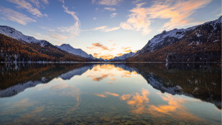 Lake mountains forest horizon sunset - hillside free wallpaper for desktop