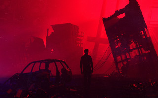 Man car redsky starry night - a red sky in the background free wallpaper