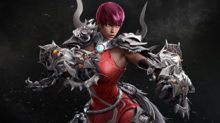 Woman red dress sword demon 5 - horn free wallpaper