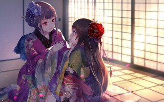 Two women kimono flower architecture - kimono free wallpaper