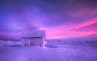 Small cabin snowy field purple - mystical color free wallpaper