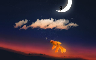 Goldfish kite moonlit background illustration - a kite in the sky free wallpaper