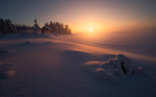 Sunset snowy landscape house trees - sunrise free wallpaper