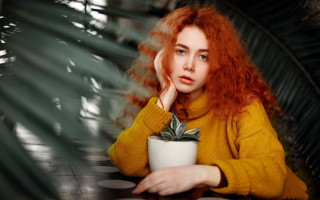Red haired woman plant portrait - free vintage wallpaper for desktop