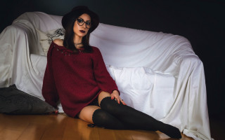 Woman red sweater black stockings - fashion photoshoot free wallpaper