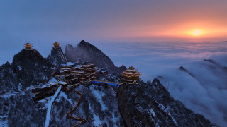 Mountain clouds buildings sunset fantasy - cui bai free wallpaper for desktop