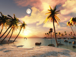 Beach palm trees full moon 2 - a painting of a beach free wallpaper