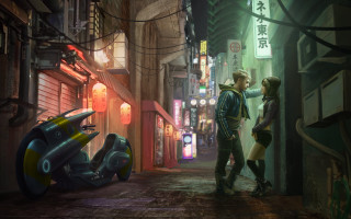 Man woman alley motorcycle neon - cyberpunk style free wallpaper