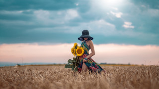 Woman dress hat wheat sunflowers - sunflower free wallpaper