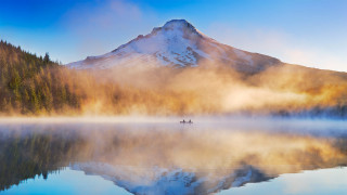 Mountain lake boat fog person - a boat free wallpaper