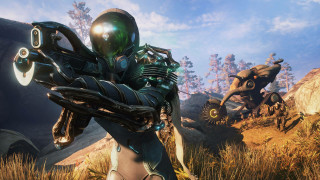 Futuristic man robot grass rocks - warframe armor free wallpaper