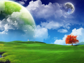Tree moon sky green field 2 - a stream free wallpaper