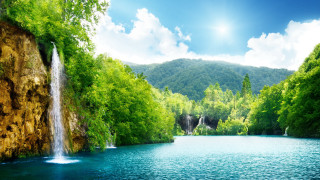 Waterfall lake trees mountains blue 2 - a waterfall free wallpaper